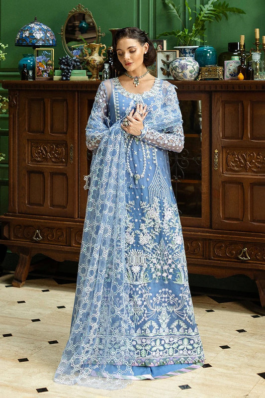 Stunning blue ensemble with embroidered net shirt, sequined dupatta, raw silk trouser, and handmade tassels for a graceful festive look.