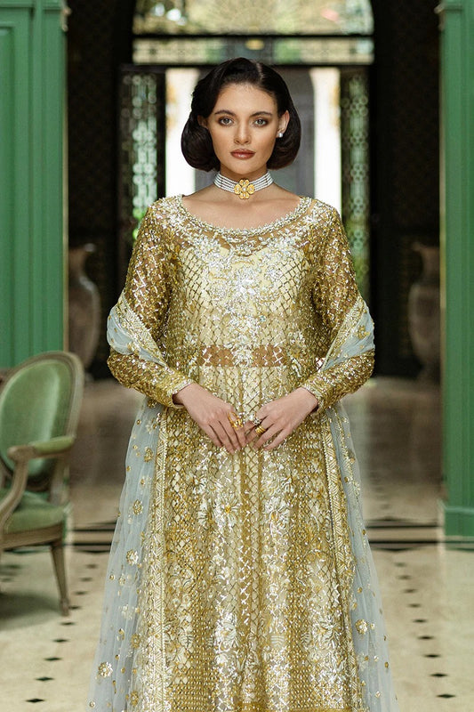 Elegant white & gold dress with embroidered net shirt, sequined dupatta, raw silk trouser, jamawar finishing, and hand-embellished neckline.