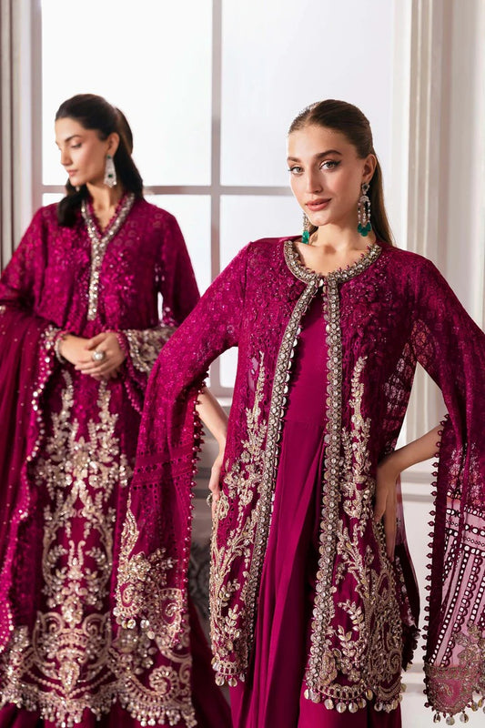 Elegant chiffon suit with 3D floral embellishments, hand embroidery, and organza dupatta. Includes raw silk undershirt and trouser. Color may slightly vary.