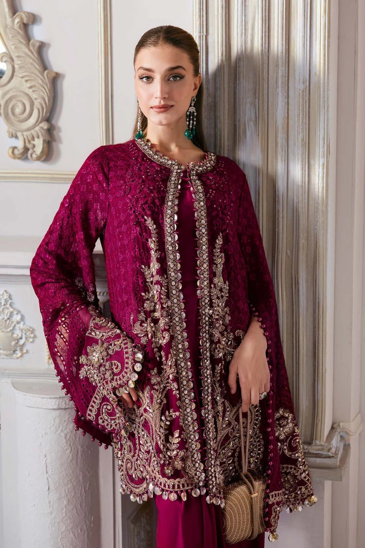 Elegant chiffon suit with 3D floral embellishments, hand embroidery, and organza dupatta. Includes raw silk undershirt and trouser. Color may slightly vary.