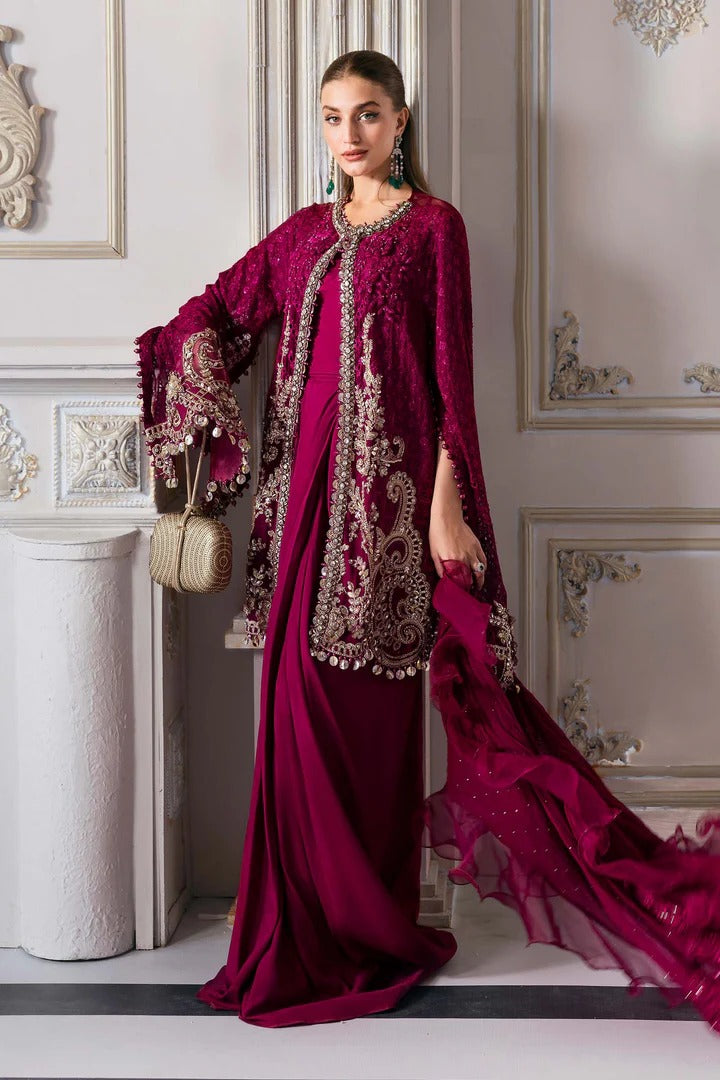 Elegant chiffon suit with 3D floral embellishments, hand embroidery, and organza dupatta. Includes raw silk undershirt and trouser. Color may slightly vary.