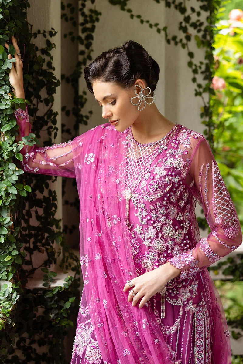 Graceful blush pink dress with embroidered net shirt, sequined dupatta, raw silk trouser, pearl-detailed daman border, and handmade tassels.