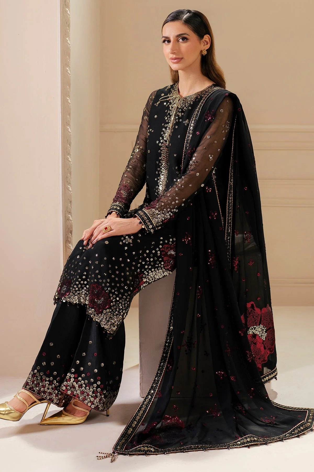 Shop Jazmin UC-3070 – a stunning embroidered chiffon suit with rawsilk bottom. Perfect for formal, party & bridal wear. Now shipping to UK, USA & Canada!