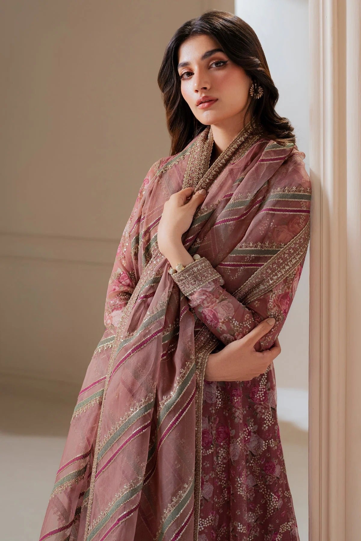 UC-3064 features embroidered chiffon panels and yoke, organza dupatta, and rawsilk bottom—perfect for graceful, high-end festive and formal occasions.