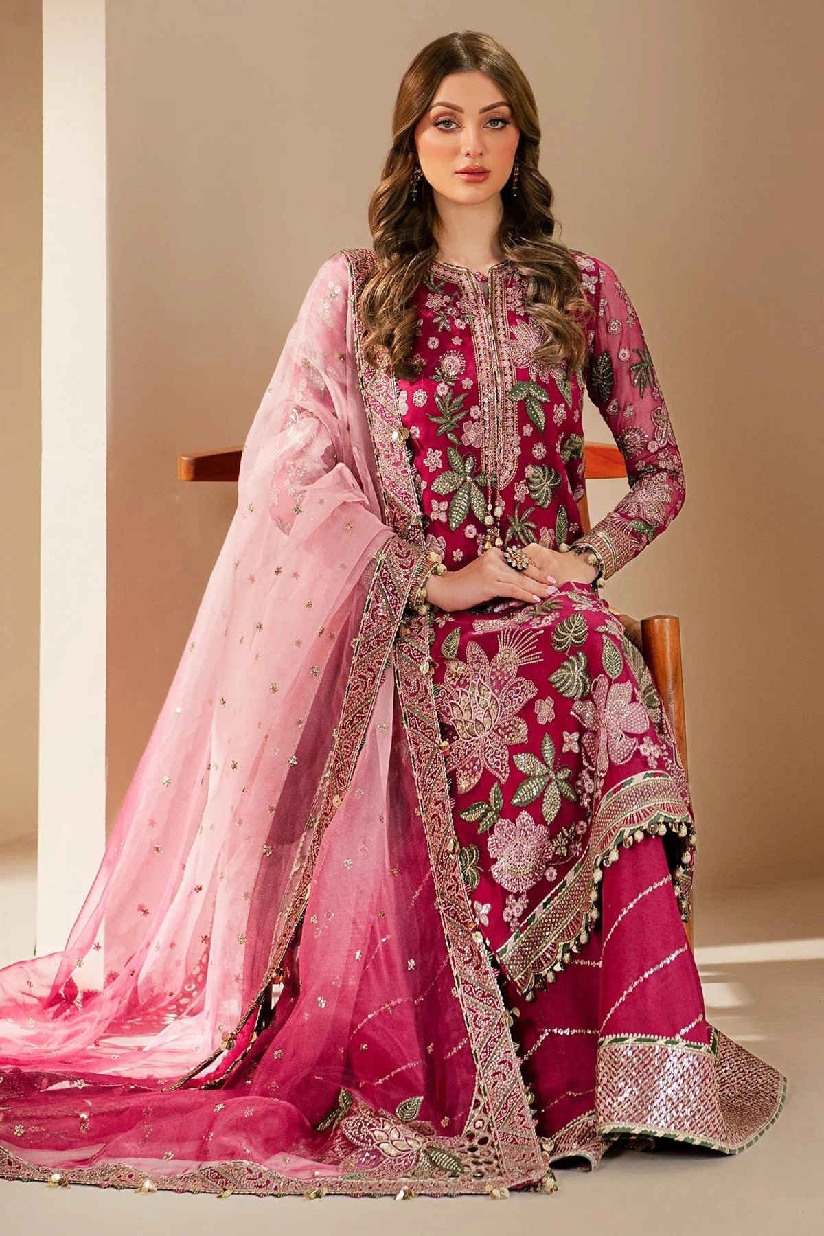 WF'25-03 features embroidered chiffon, organza dupatta, and raw silk bottom with elegant borders—crafted for luxurious style at formal occasions.