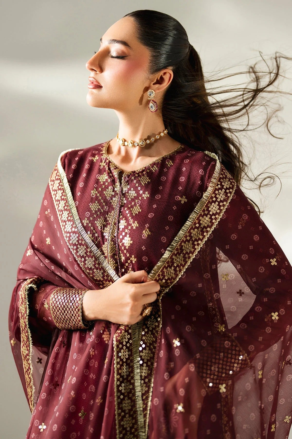 Digitally printed chiffon with intricate embroidery, bordered dupatta, and dyed raw silk bottom—perfect for weddings, festive events, or formal wear.