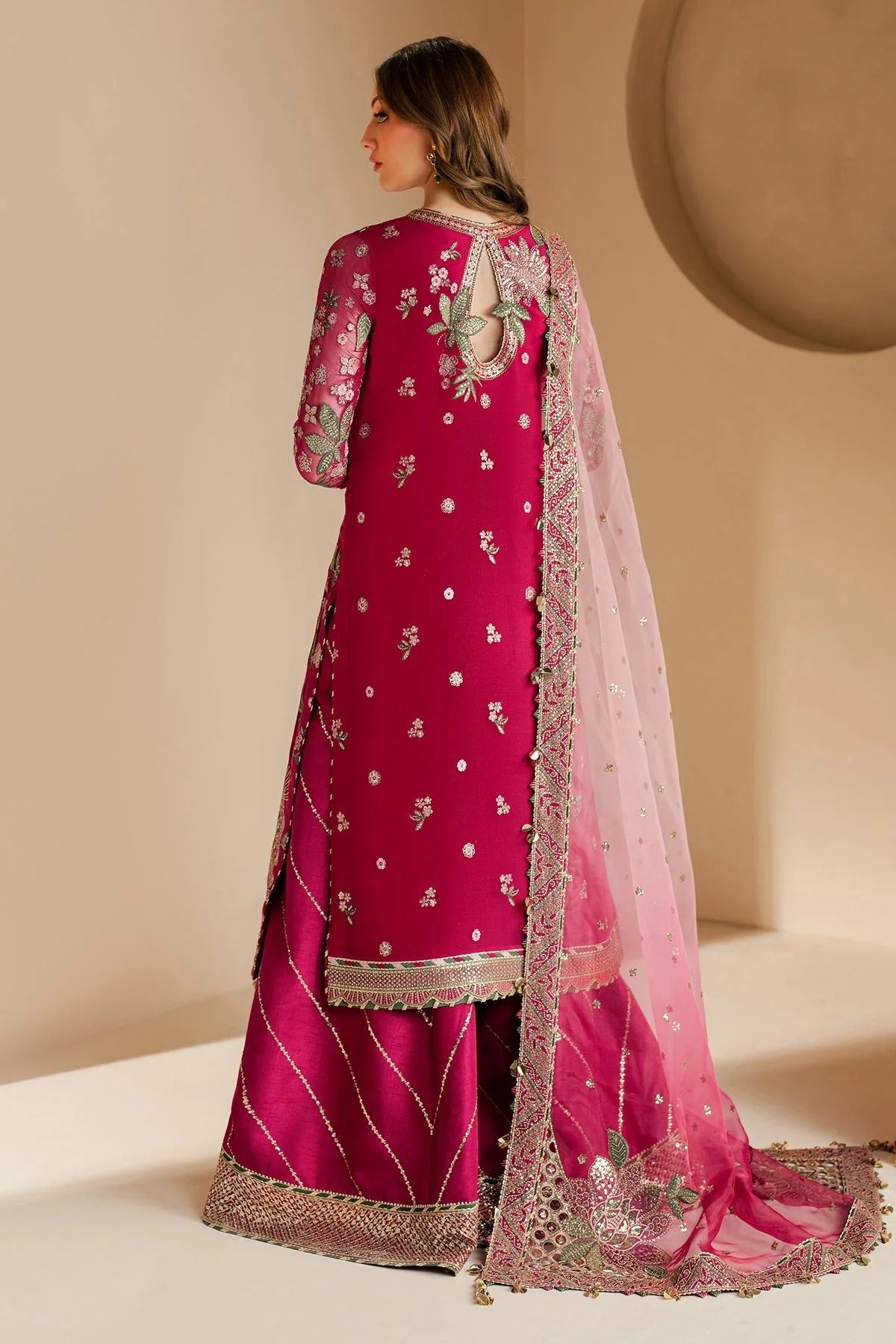 WF'25-03 features embroidered chiffon, organza dupatta, and raw silk bottom with elegant borders—crafted for luxurious style at formal occasions.