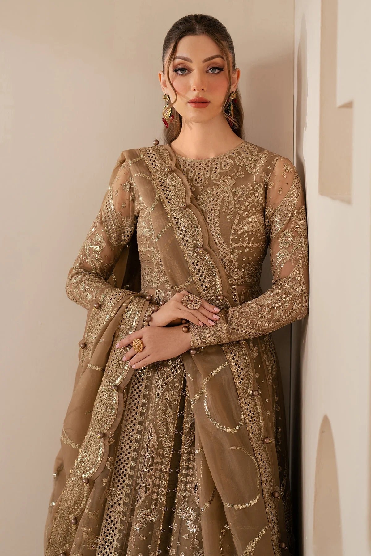 Make a statement in WF'25-04: a luxe chiffon dress with intricate embroidery, organza dupatta & rawsilk bottom. Ideal for formal & festive occasions.