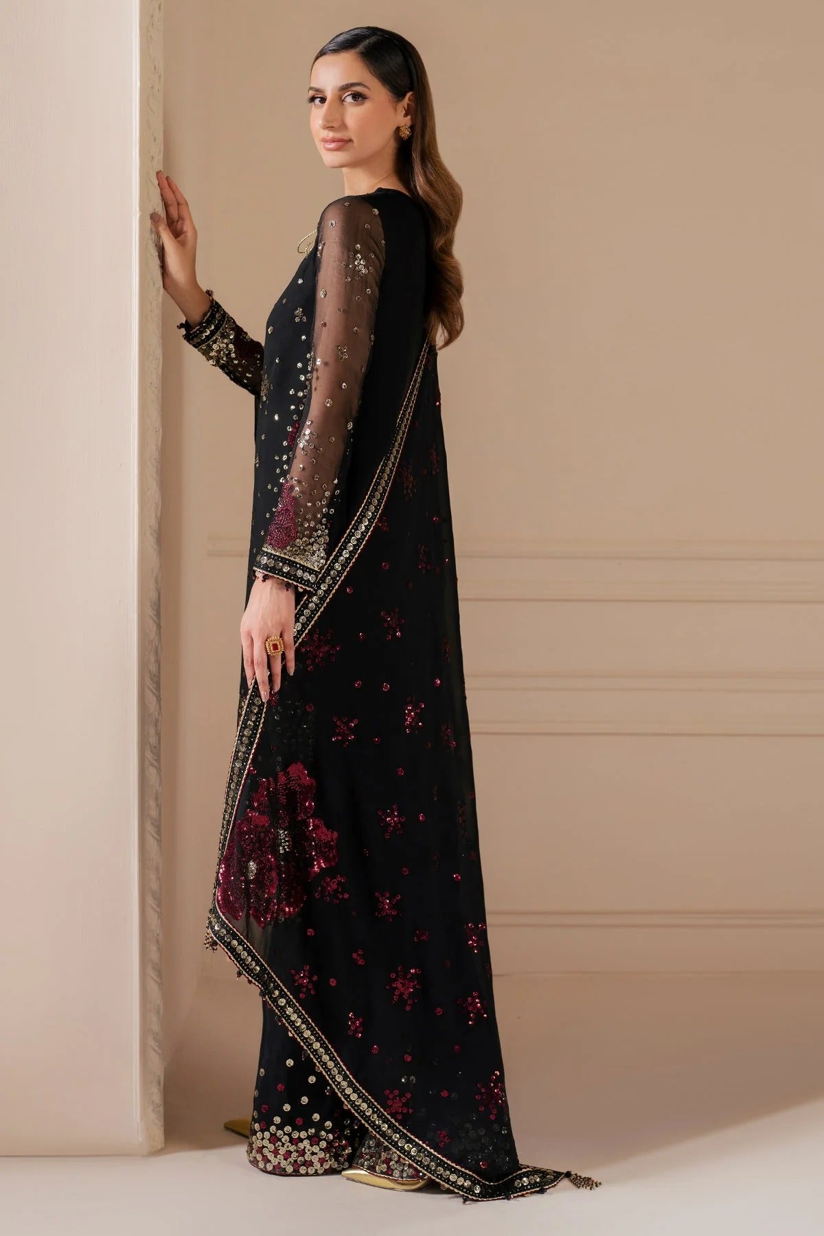 Shop Jazmin UC-3070 – a stunning embroidered chiffon suit with rawsilk bottom. Perfect for formal, party & bridal wear. Now shipping to UK, USA & Canada!