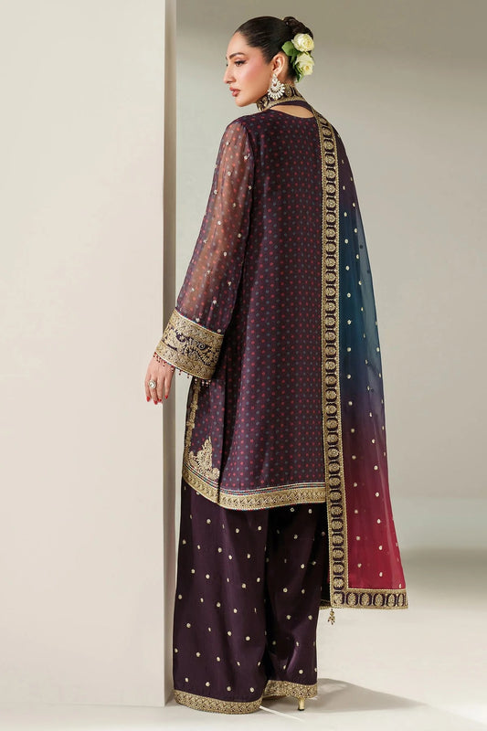 Elegantly embroidered chiffon with digital prints, bordered dupatta, and raw silk bottom—crafted for refined charm at weddings, events, or formal soirées.