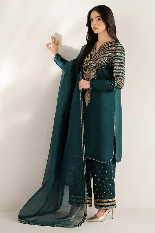 UR-7056 features embroidered Korean rawsilk front, sleeves, and bottom with a check woven organza dupatta—crafted for elegant, formal occasions.