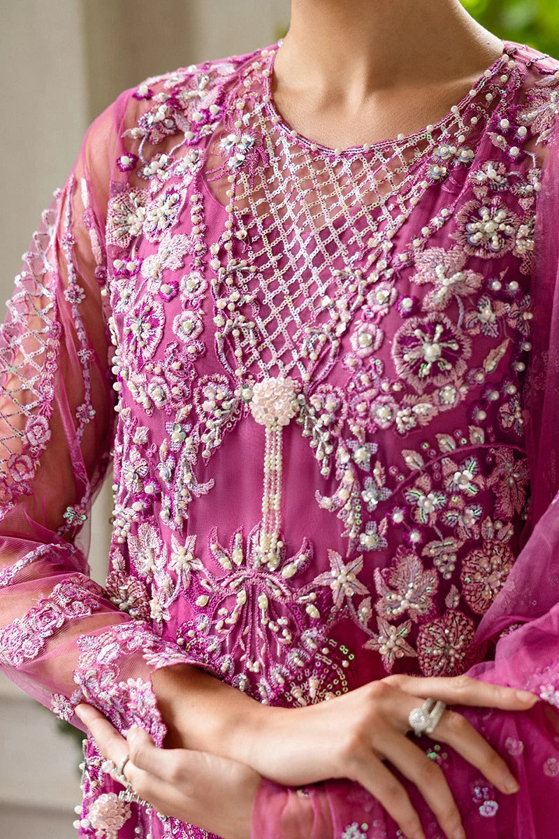 Graceful blush pink dress with embroidered net shirt, sequined dupatta, raw silk trouser, pearl-detailed daman border, and handmade tassels.