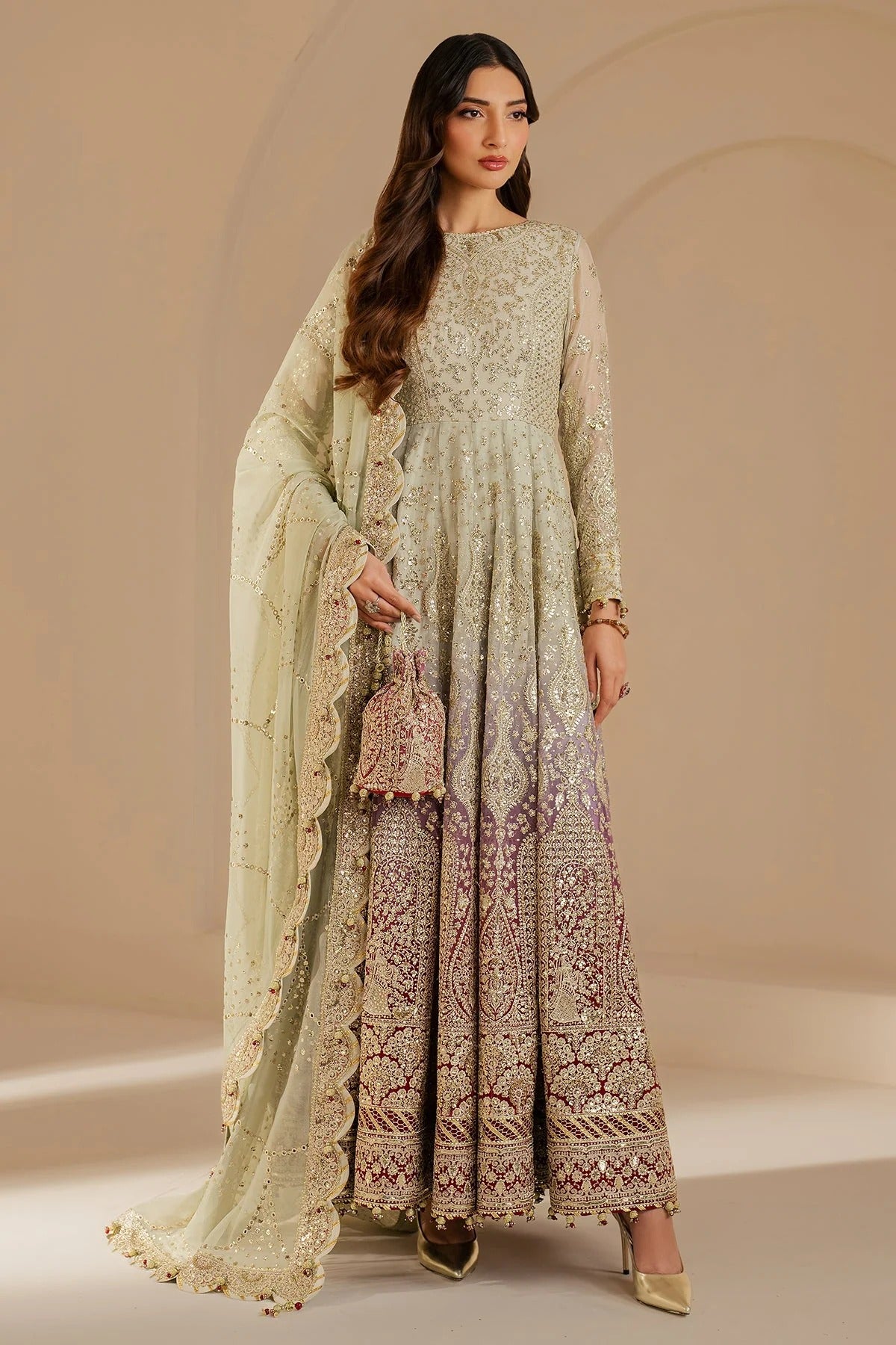 WF'25-01 features embroidered chiffon, digital prints, and an elegant organza dupatta with rawsilk bottom. A perfect pick for formal or festive occasions.