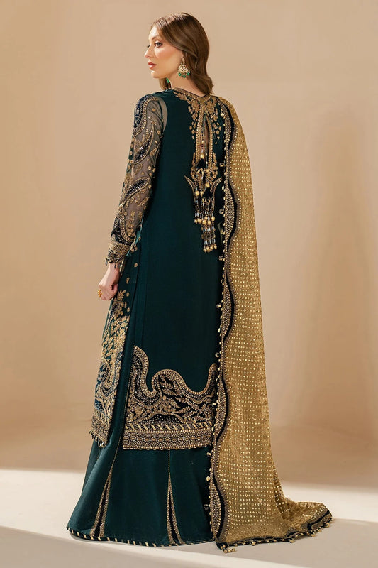 WF'25-06 blends chiffon embroidery with velvet appliqué on front, back, and sleeves—paired with organza dupatta and rawsilk bottom for a luxe finish.