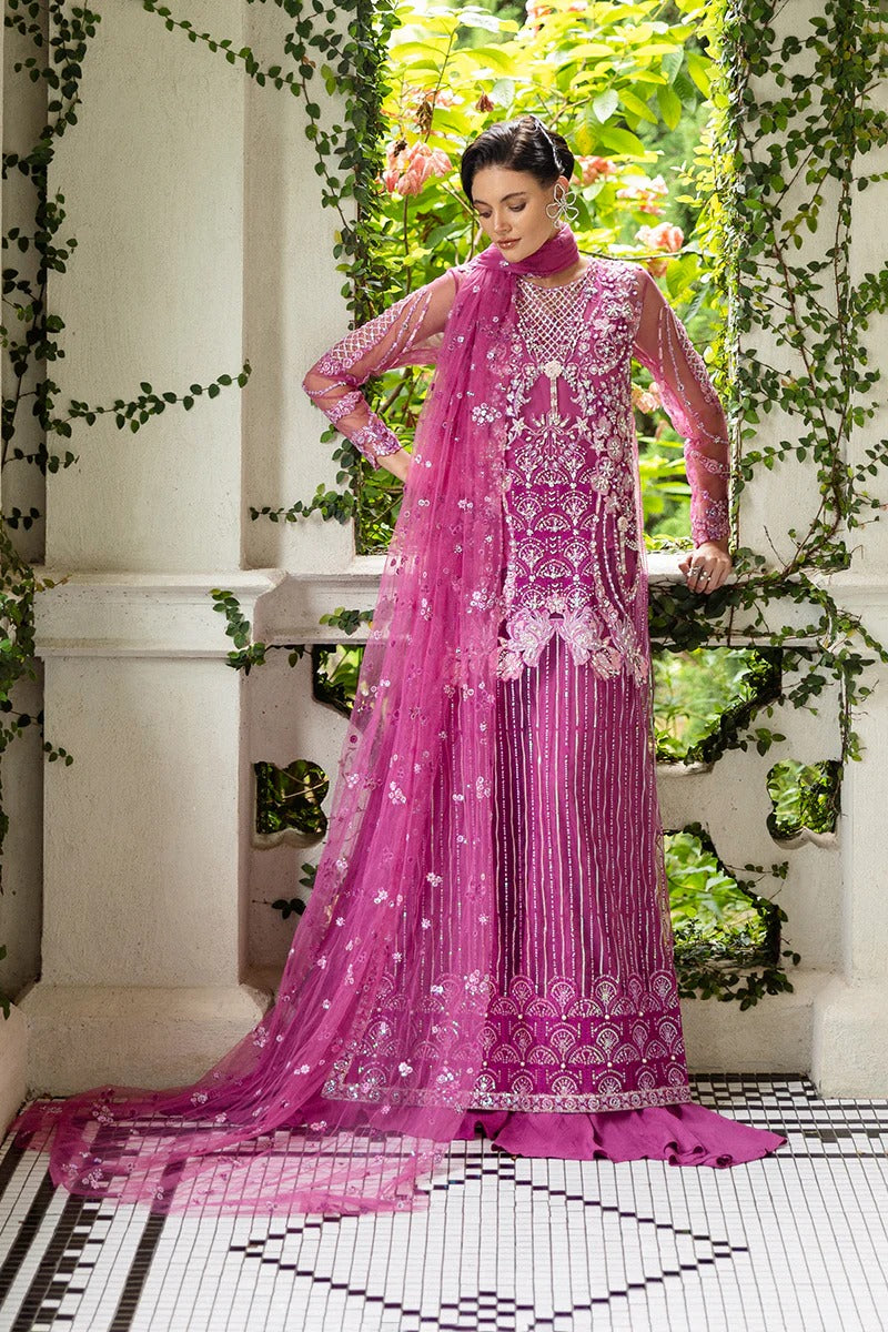 Graceful blush pink dress with embroidered net shirt, sequined dupatta, raw silk trouser, pearl-detailed daman border, and handmade tassels.