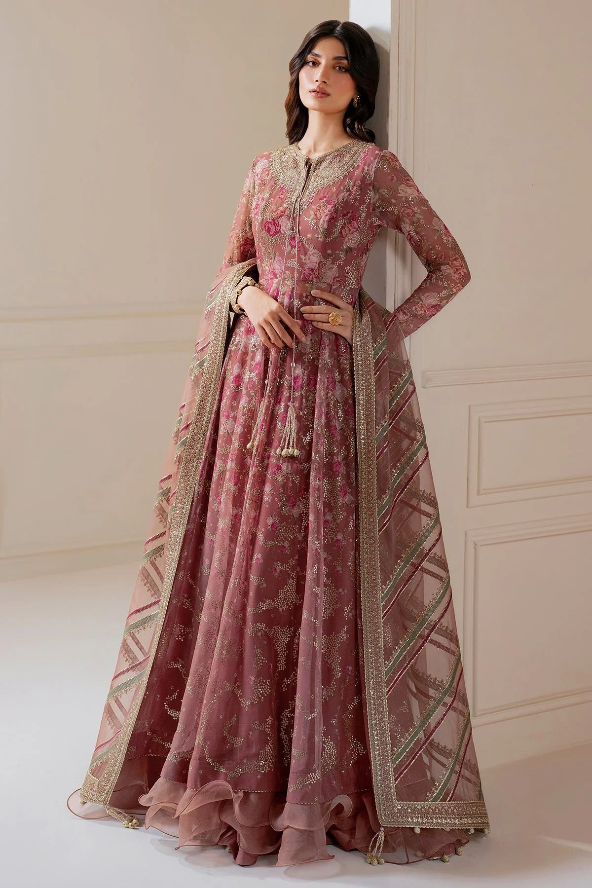 UC-3064 features embroidered chiffon panels and yoke, organza dupatta, and rawsilk bottom—perfect for graceful, high-end festive and formal occasions.