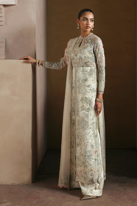 Elegant Opal White suit with embroidered organza panels, hand embellishments, silk trouser, and organza dupatta with delicate motifs.