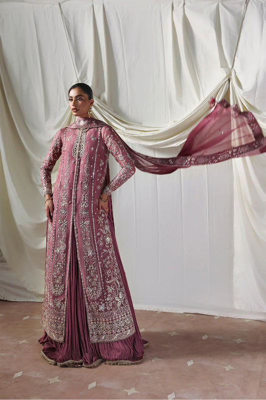 Stylish mauve silk gown featuring embroidered organza panels, embellished dupatta, and crushed inner gown. A graceful ensemble perfect for weddings & festive wear.