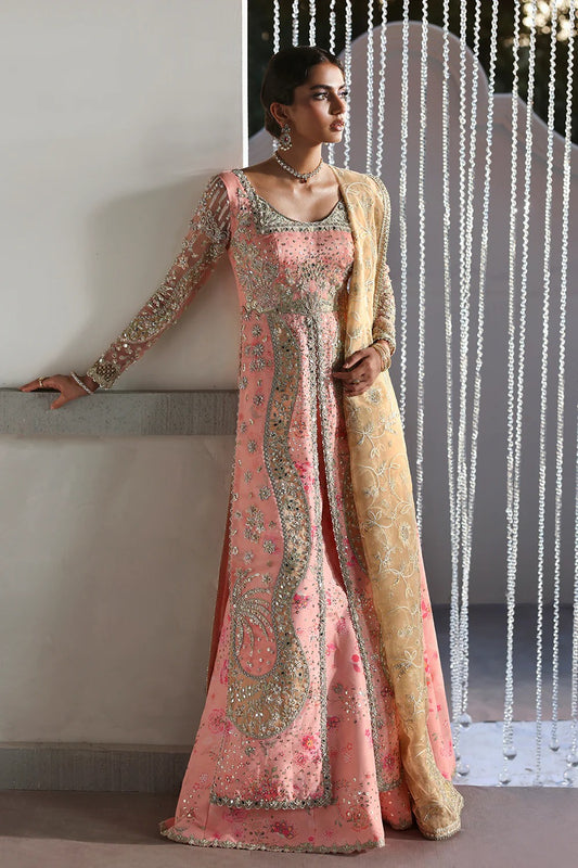 Beautiful printed pink silk suit with embroidered organza panels, embellished dupatta, and stylish sharara. Perfect for weddings, festive, and formal occasions.