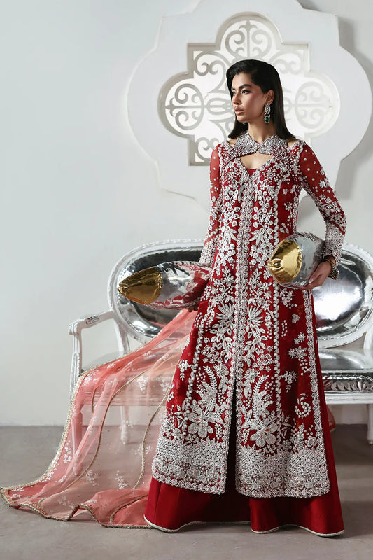 Stunning Crimson Red suit featuring embroidered organza panels, hand embellishments, silk trouser, and printed organza dupatta with elegant details.