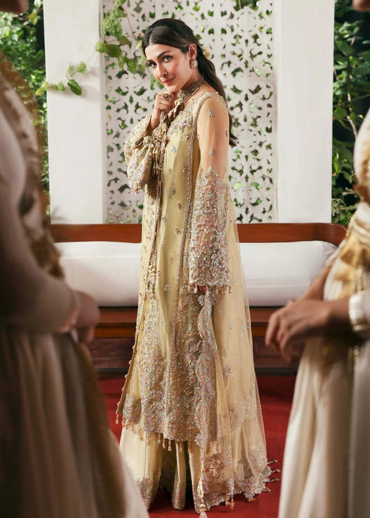 Elegant champagne beige suit with hand-embellished net panels, ornate borders, embroidered dupatta, and trouser for timeless festive sophistication.