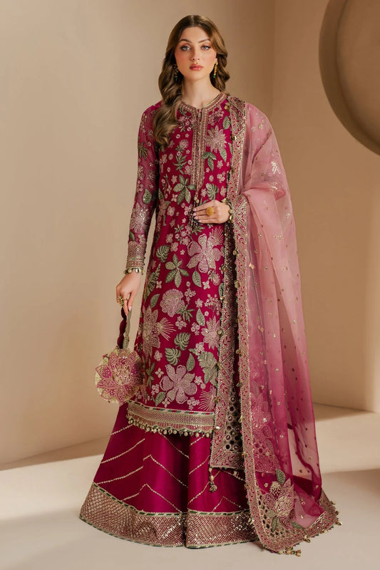 WF'25-03 features embroidered chiffon, organza dupatta, and raw silk bottom with elegant borders—crafted for luxurious style at formal occasions.