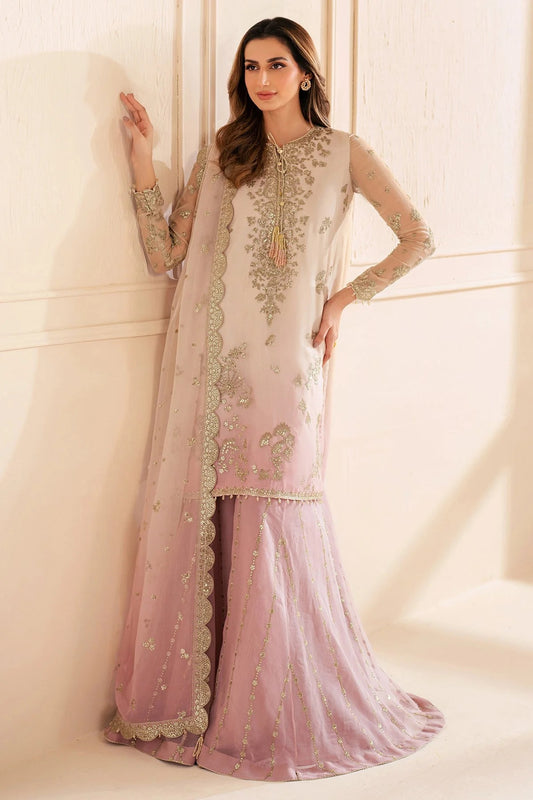 UC-3067 features digital printed chiffon with fine embroidery on front, sleeves, and dupatta—paired with a dyed rawsilk bottom for a refined look.