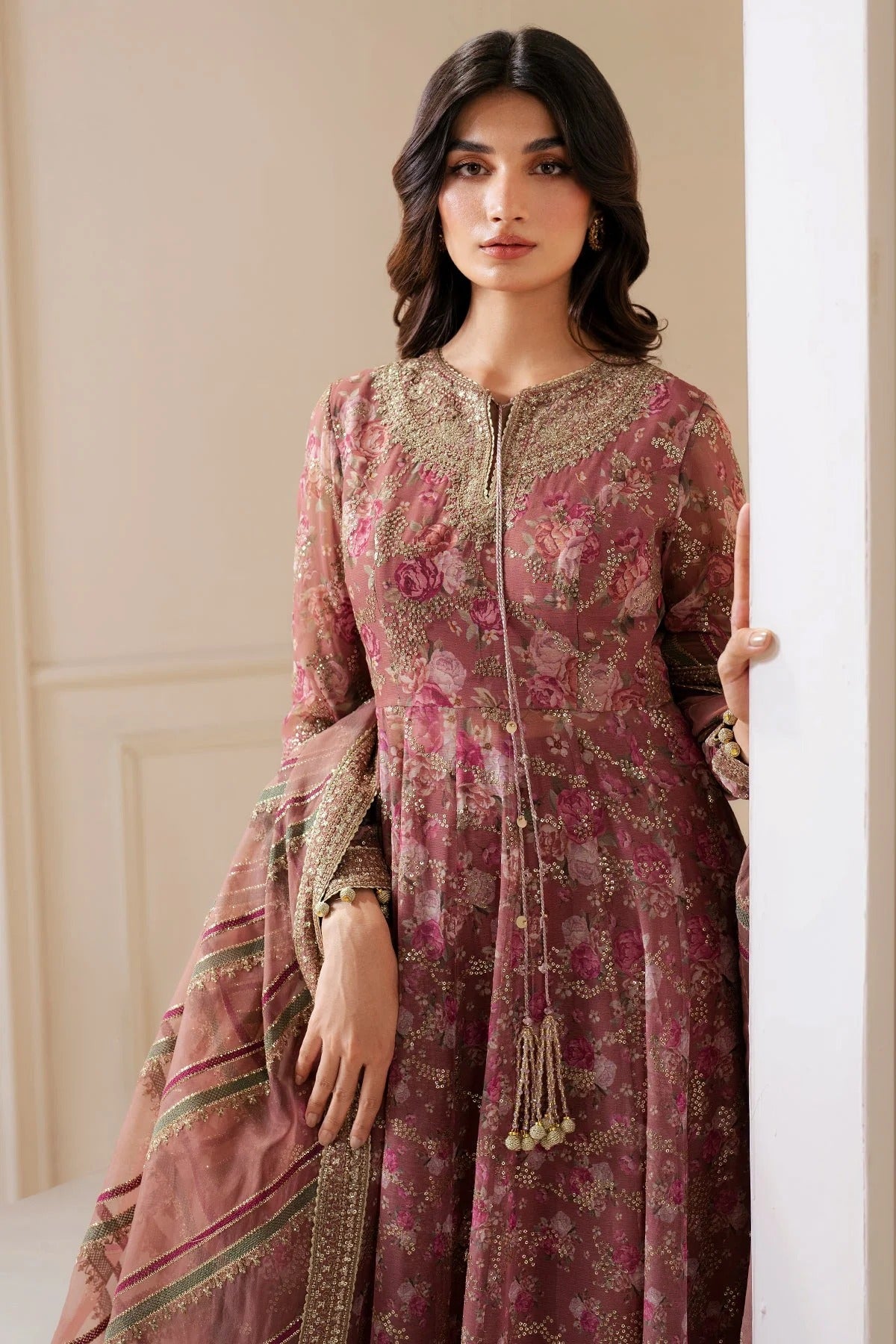 UC-3064 features embroidered chiffon panels and yoke, organza dupatta, and rawsilk bottom—perfect for graceful, high-end festive and formal occasions.
