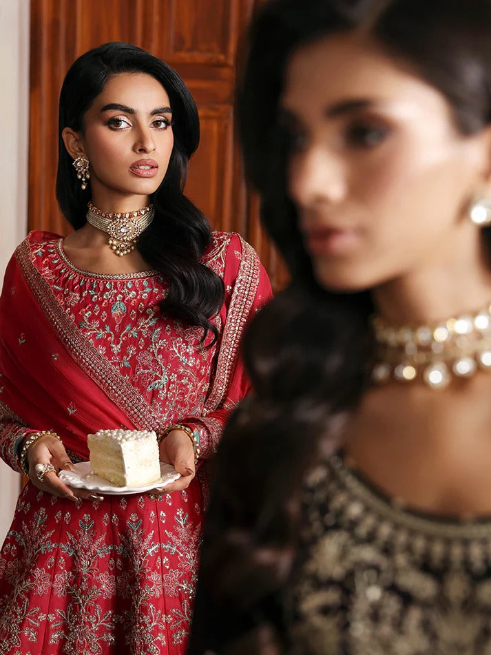 Elegant embroidered and sequined raw silk kalidaar with bodice, chiffon dupatta, and organza borders — a timeless outfit for festive and wedding wear.