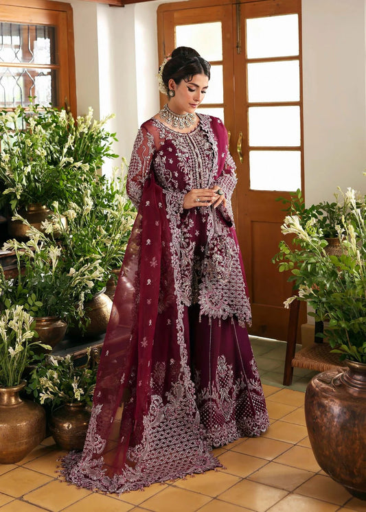 Regal imperial plum suit with hand-embellished organza panels, ornate borders, embroidered dupatta, and trouser for timeless festive elegance.