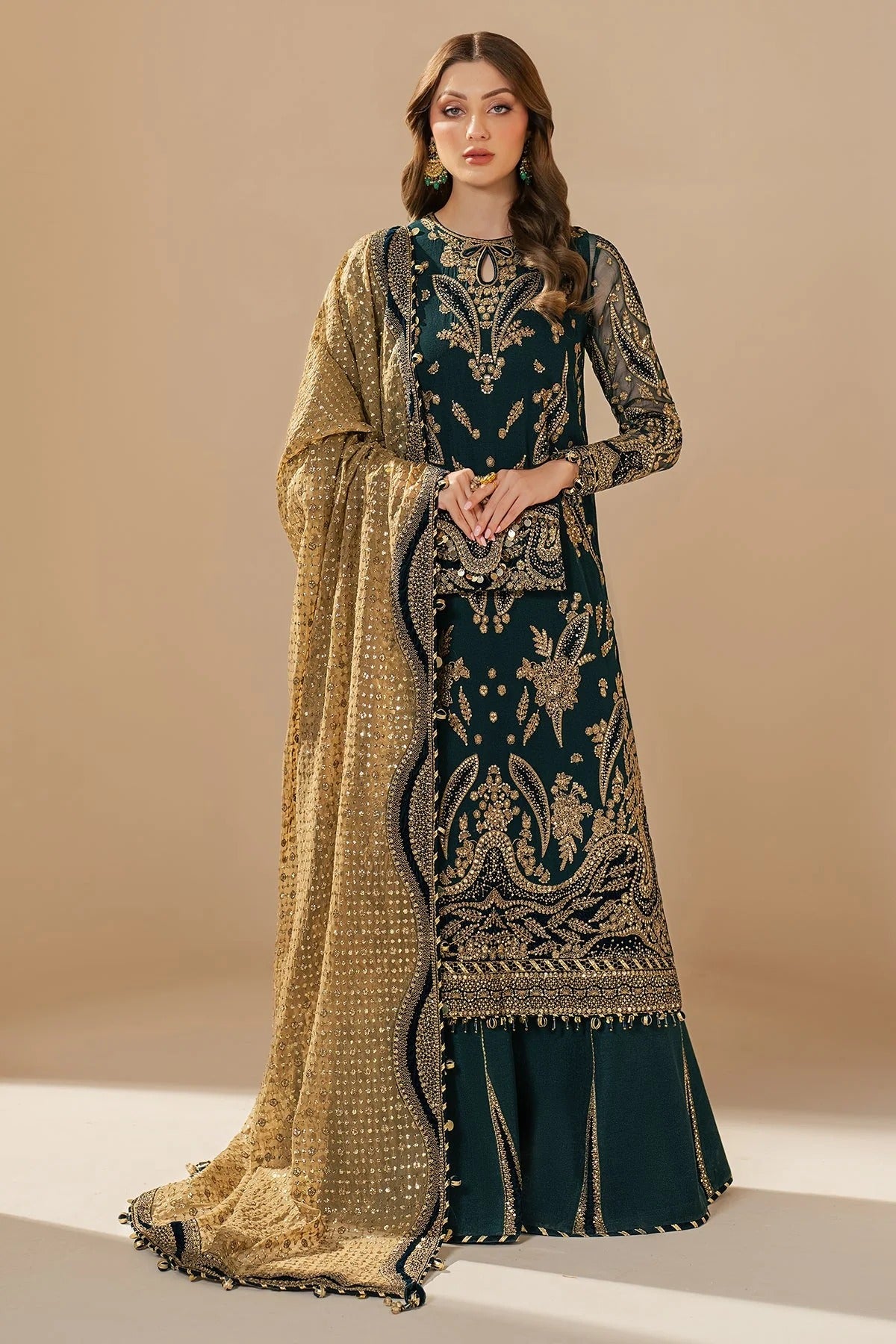 WF'25-06 blends chiffon embroidery with velvet appliqué on front, back, and sleeves—paired with organza dupatta and rawsilk bottom for a luxe finish.