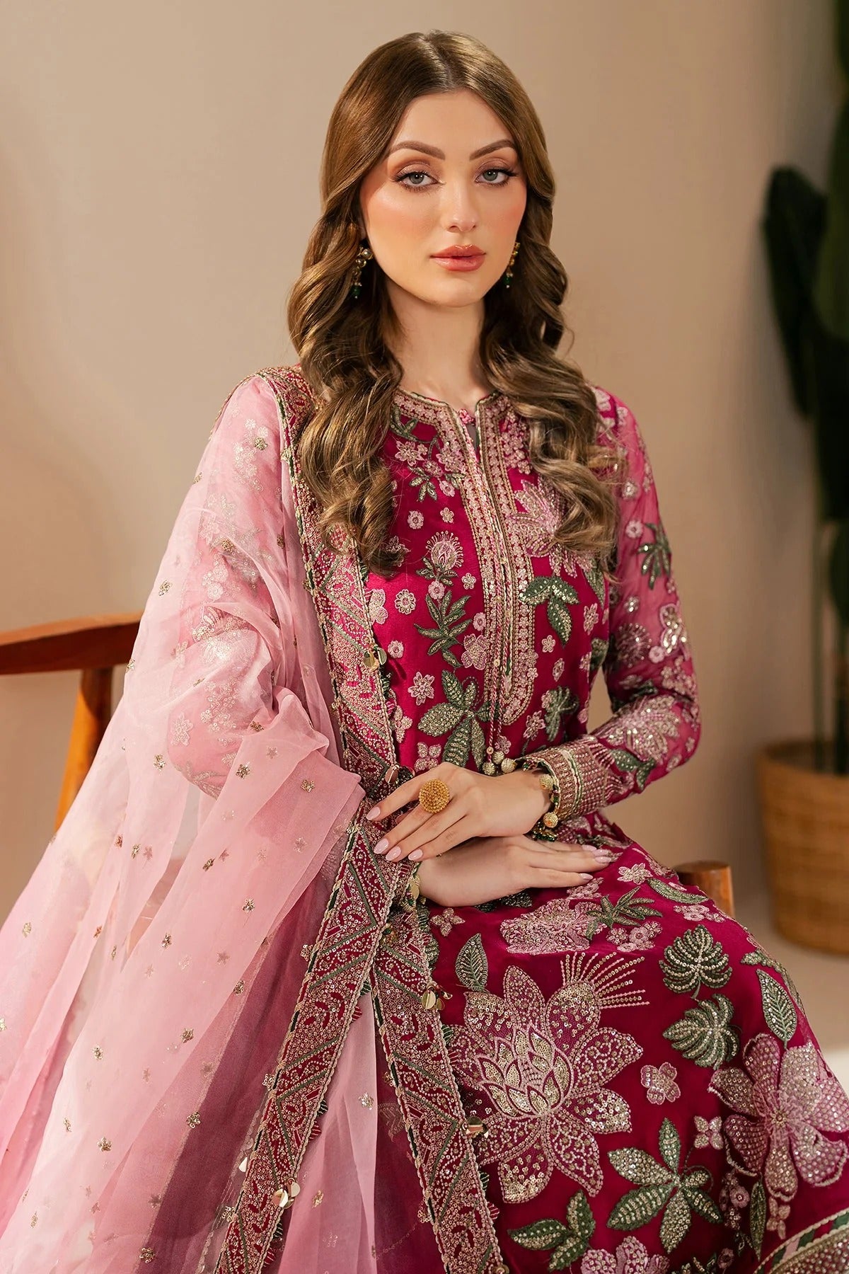 WF'25-03 features embroidered chiffon, organza dupatta, and raw silk bottom with elegant borders—crafted for luxurious style at formal occasions.