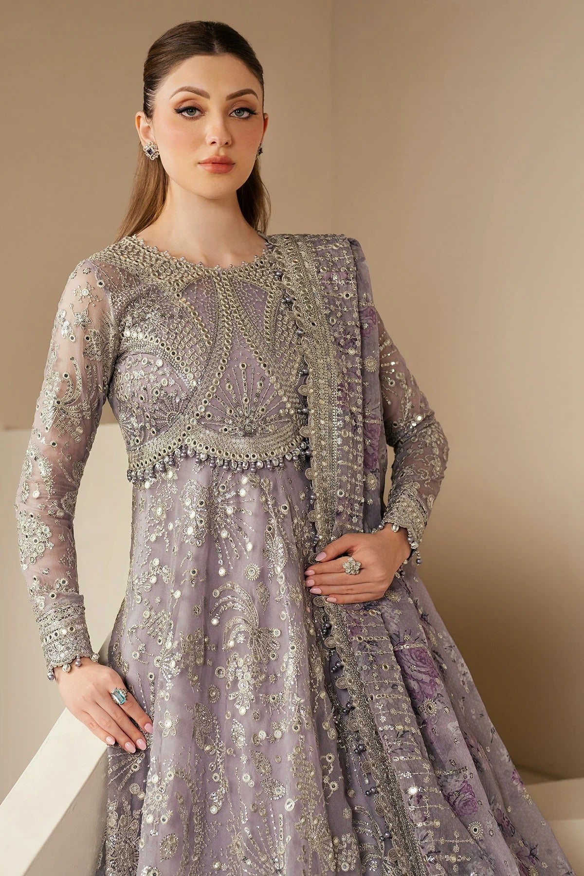 Elevate your style with this embroidered chiffon outfit featuring digital prints, luxe borders & rawsilk inner—perfect for any event. Shop WF'25-05 now!