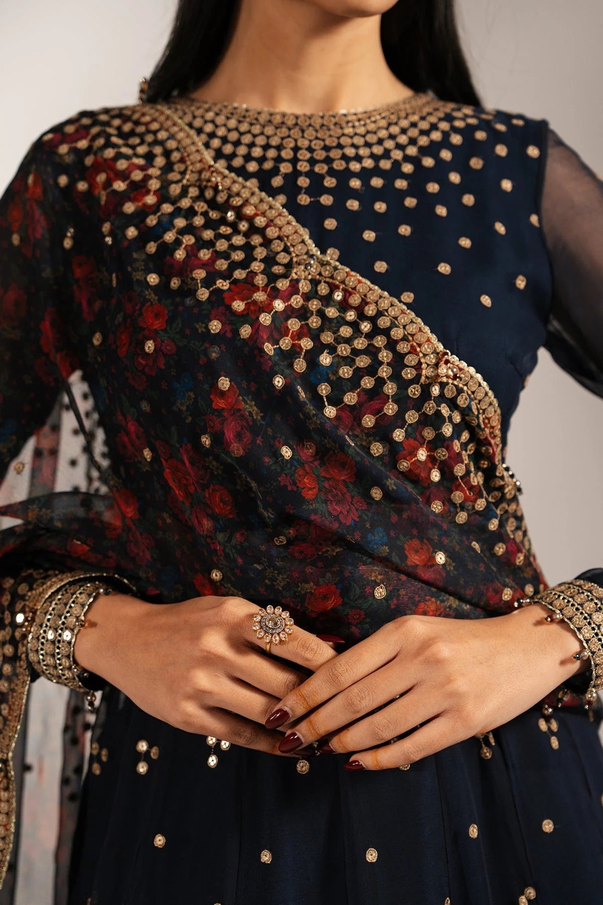 Intricately embroidered chiffon with digital print dupatta & rawsilk bottom—perfect for formal occasions. A luxurious look in every detail. Shop UC-3073 now!