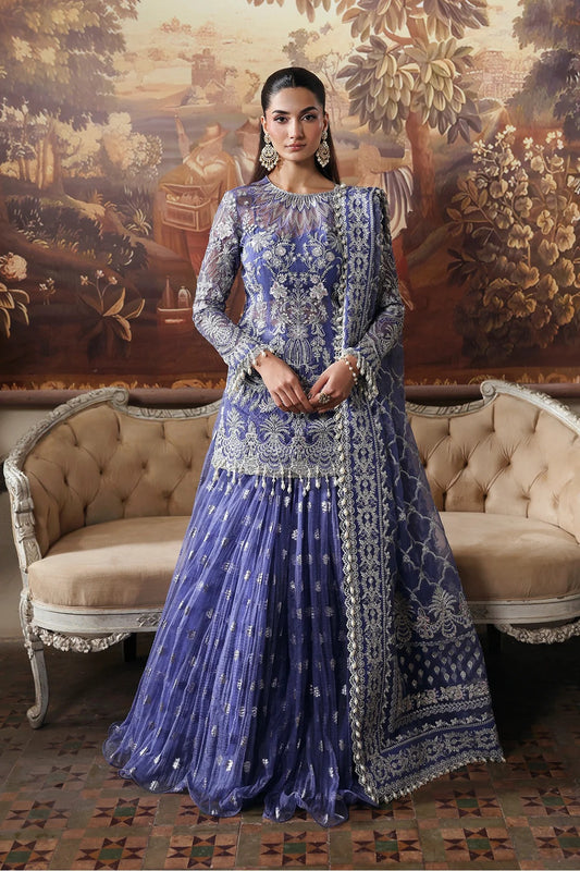 Elegant blue organza dress featuring intricate embroidery, detailed dupatta borders, and dyed trousers. A graceful pick for festive or formal events.