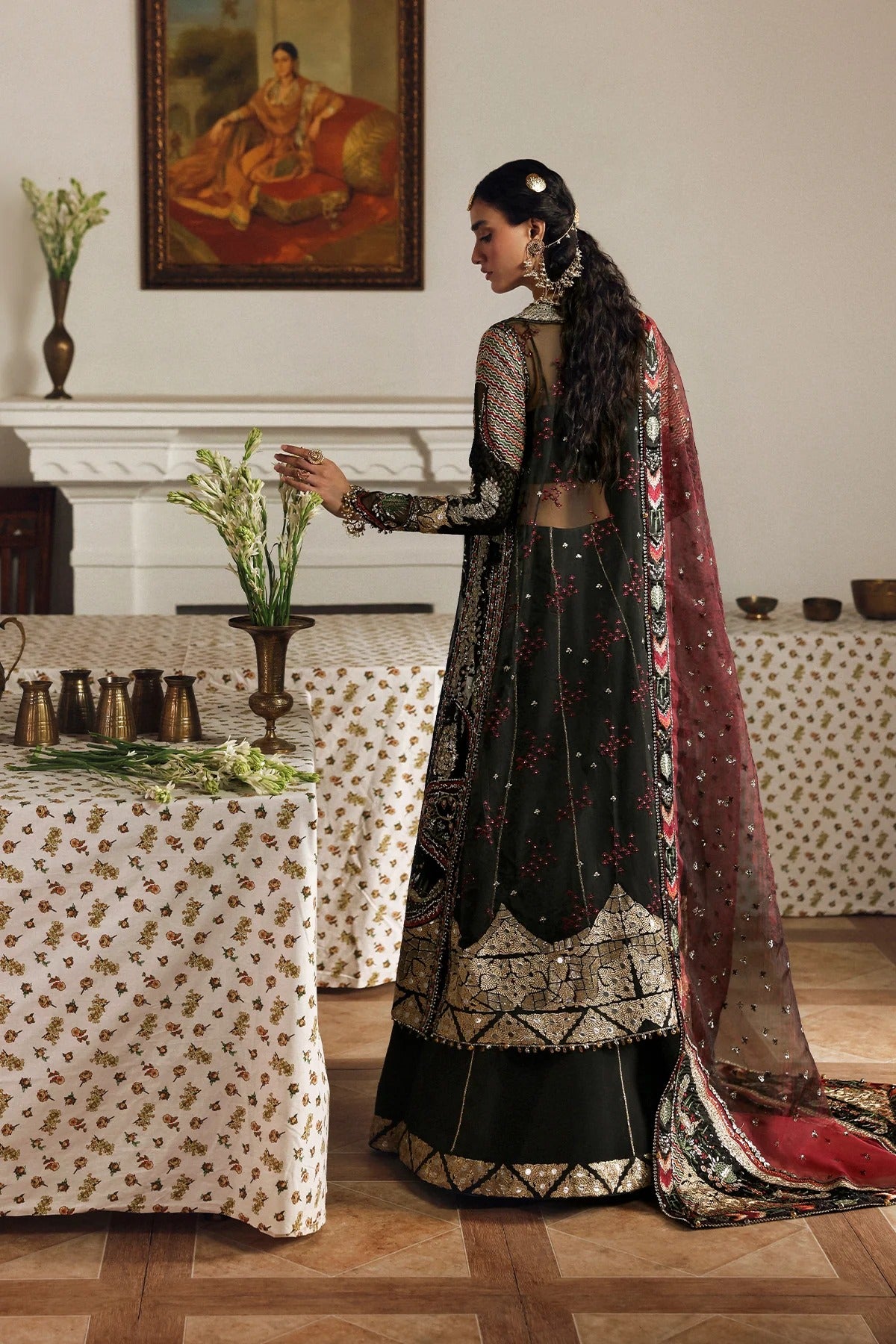 Elegant black organza and raw silk embroidered panels, sleeves, borders, and dupatta with intricate digital prints for a luxurious custom outfit creation.