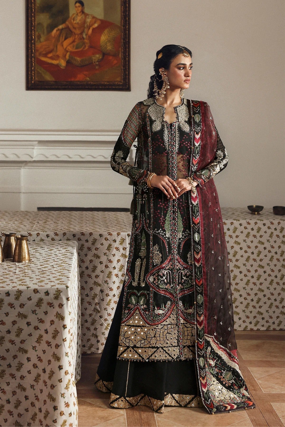 Elegant black organza and raw silk embroidered panels, sleeves, borders, and dupatta with intricate digital prints for a luxurious custom outfit creation.