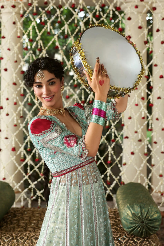 Luxurious dark aqua and red raw silk embroidered panels, sleeves, borders, and net dupatta with diamond accents for a stunning, elegant custom outfit creation.