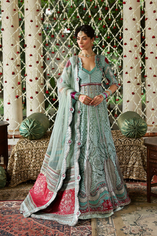 Luxurious dark aqua and red raw silk embroidered panels, sleeves, borders, and net dupatta with diamond accents for a stunning, elegant custom outfit creation.