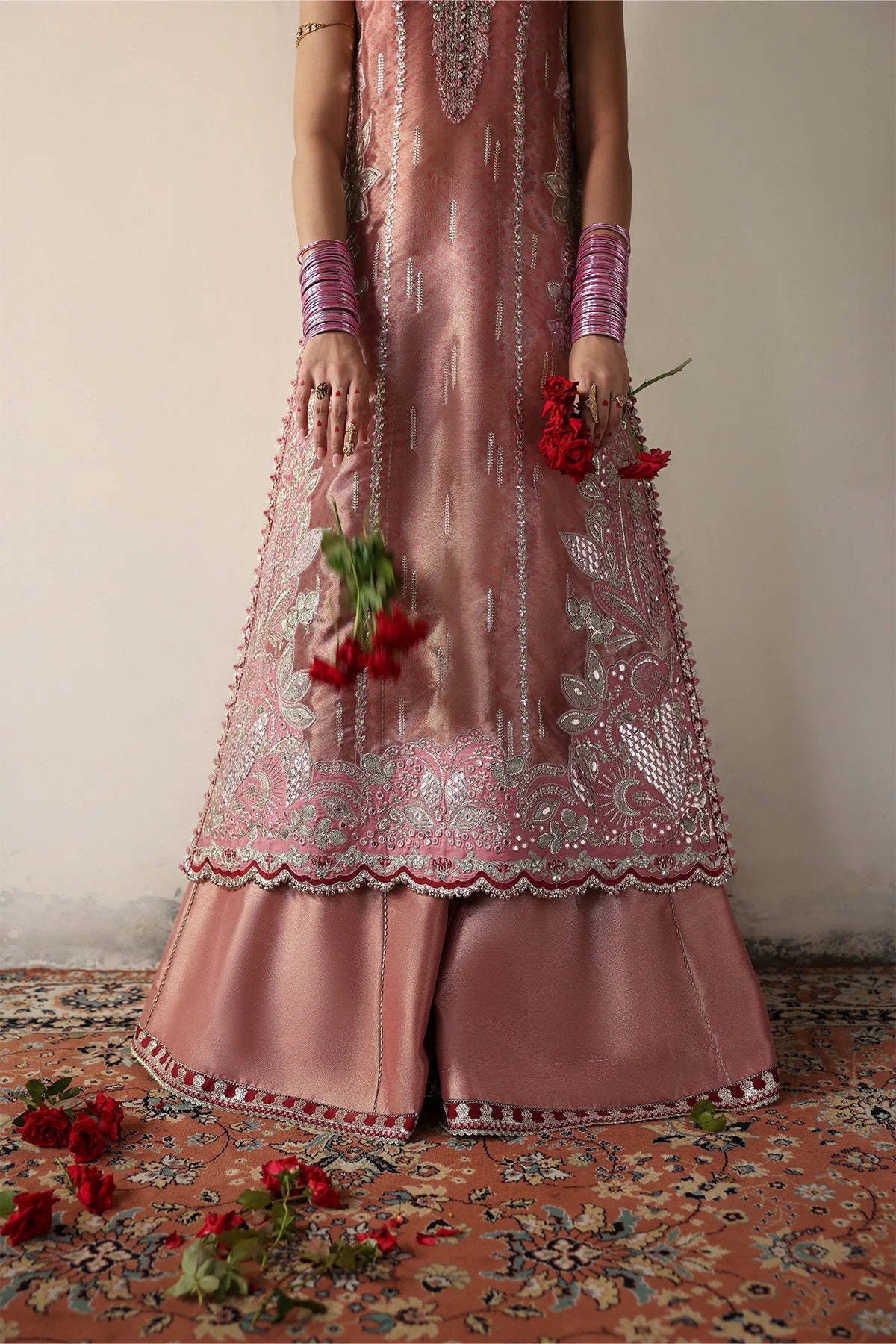 Luxurious pink tissue zari and raw silk embroidered panels, sleeves, borders, and dupatta with maroon accents, perfect for elegant custom dressmaking.