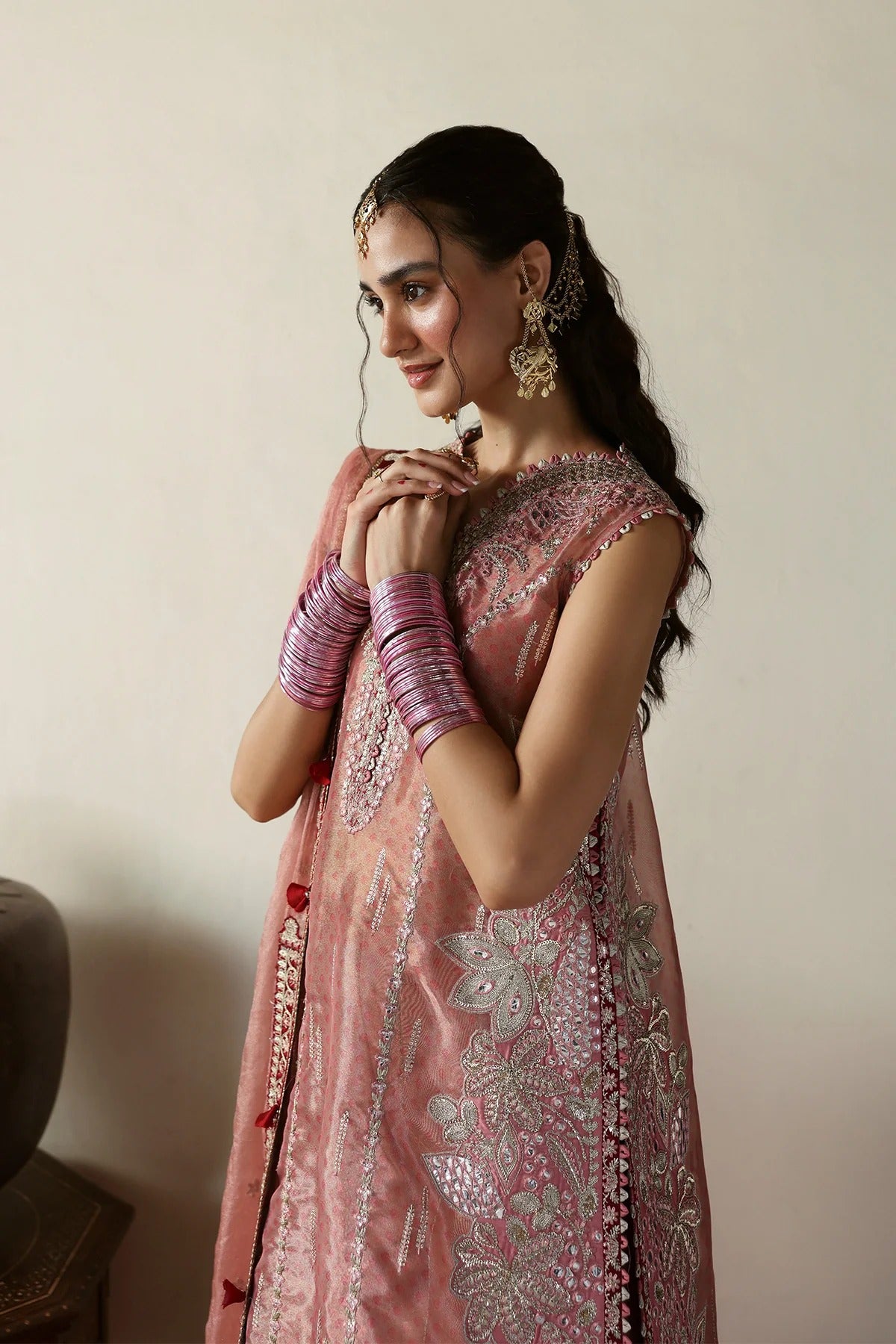 Luxurious pink tissue zari and raw silk embroidered panels, sleeves, borders, and dupatta with maroon accents, perfect for elegant custom dressmaking.