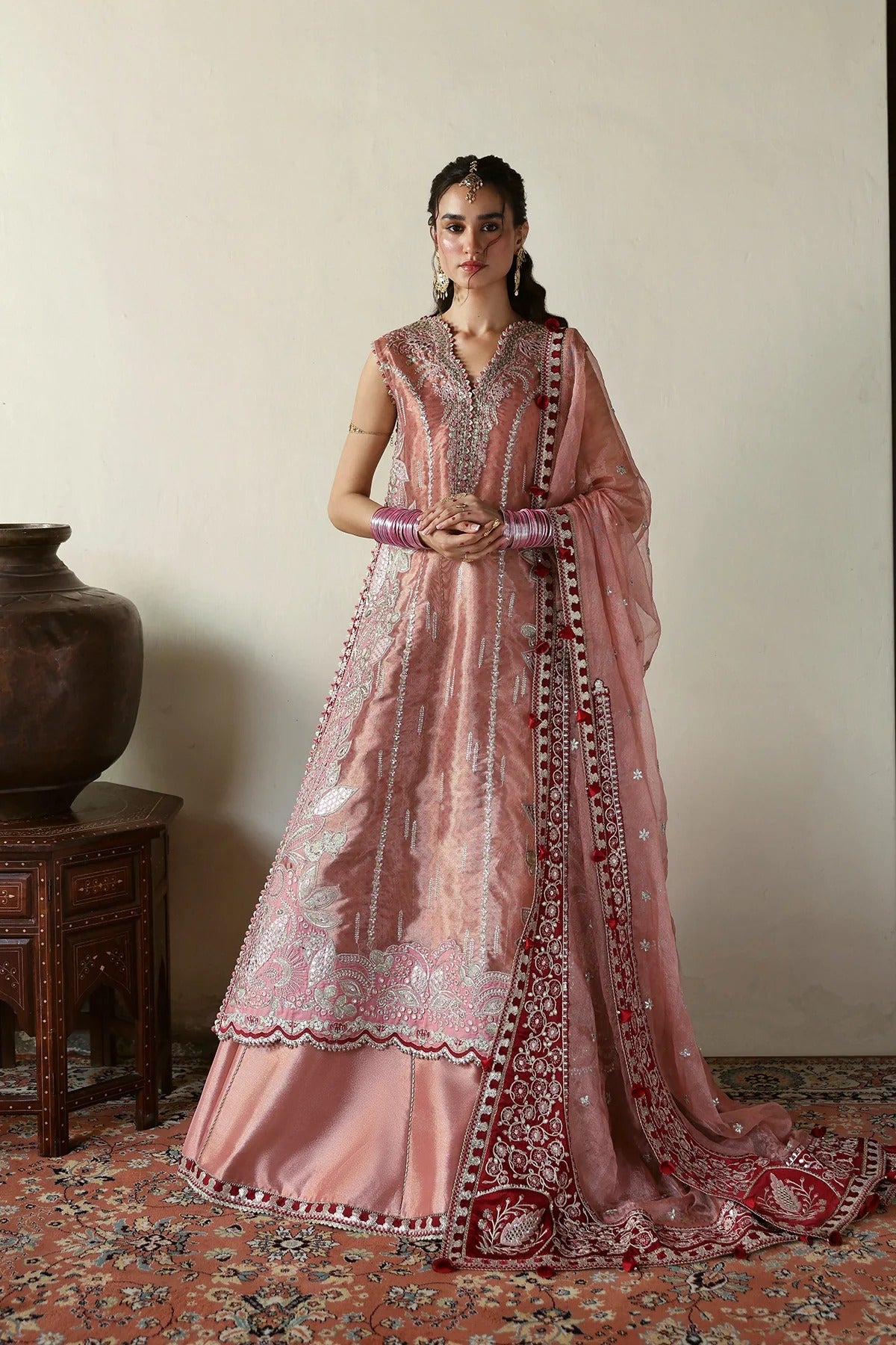 Luxurious pink tissue zari and raw silk embroidered panels, sleeves, borders, and dupatta with maroon accents, perfect for elegant custom dressmaking.