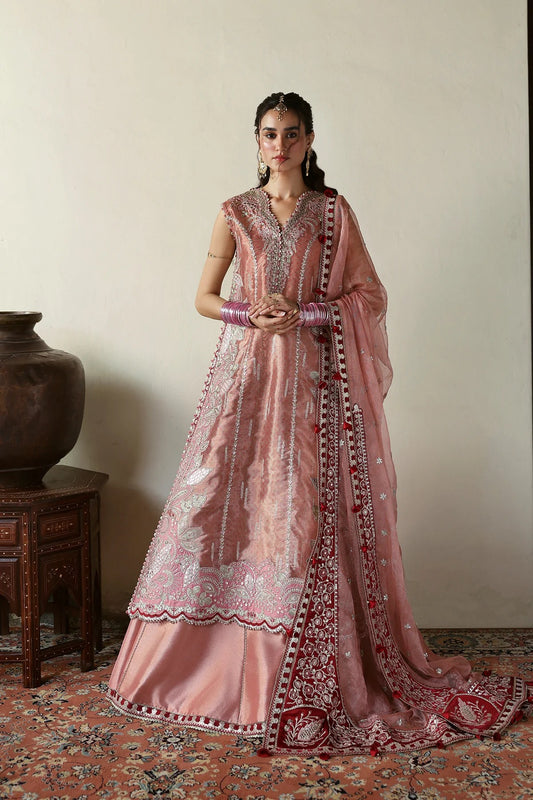 Luxurious pink tissue zari and raw silk embroidered panels, sleeves, borders, and dupatta with maroon accents, perfect for elegant custom dressmaking.
