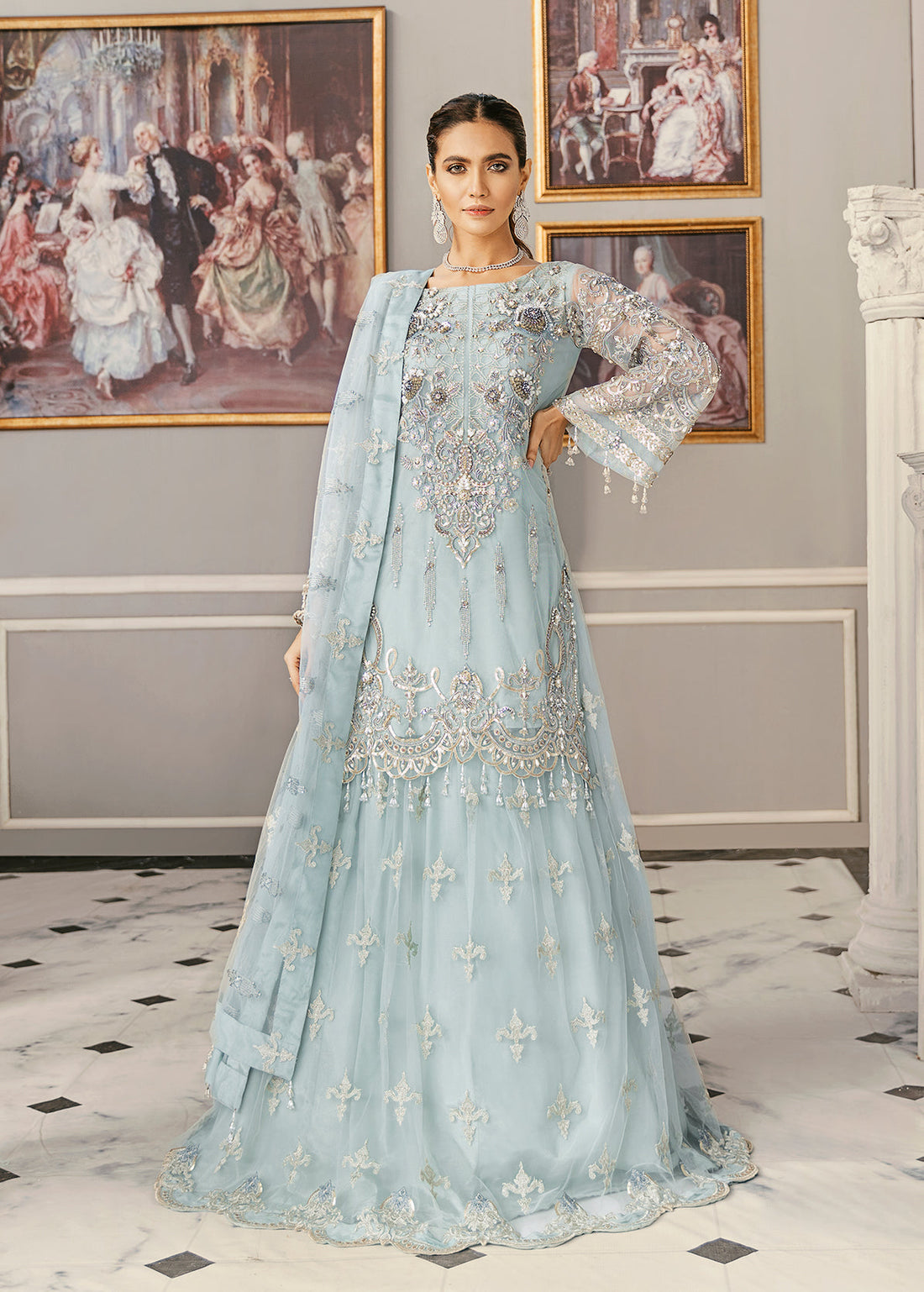 Akbar Aslam Phlox embroidered net shirt with net lehenga, made to measure