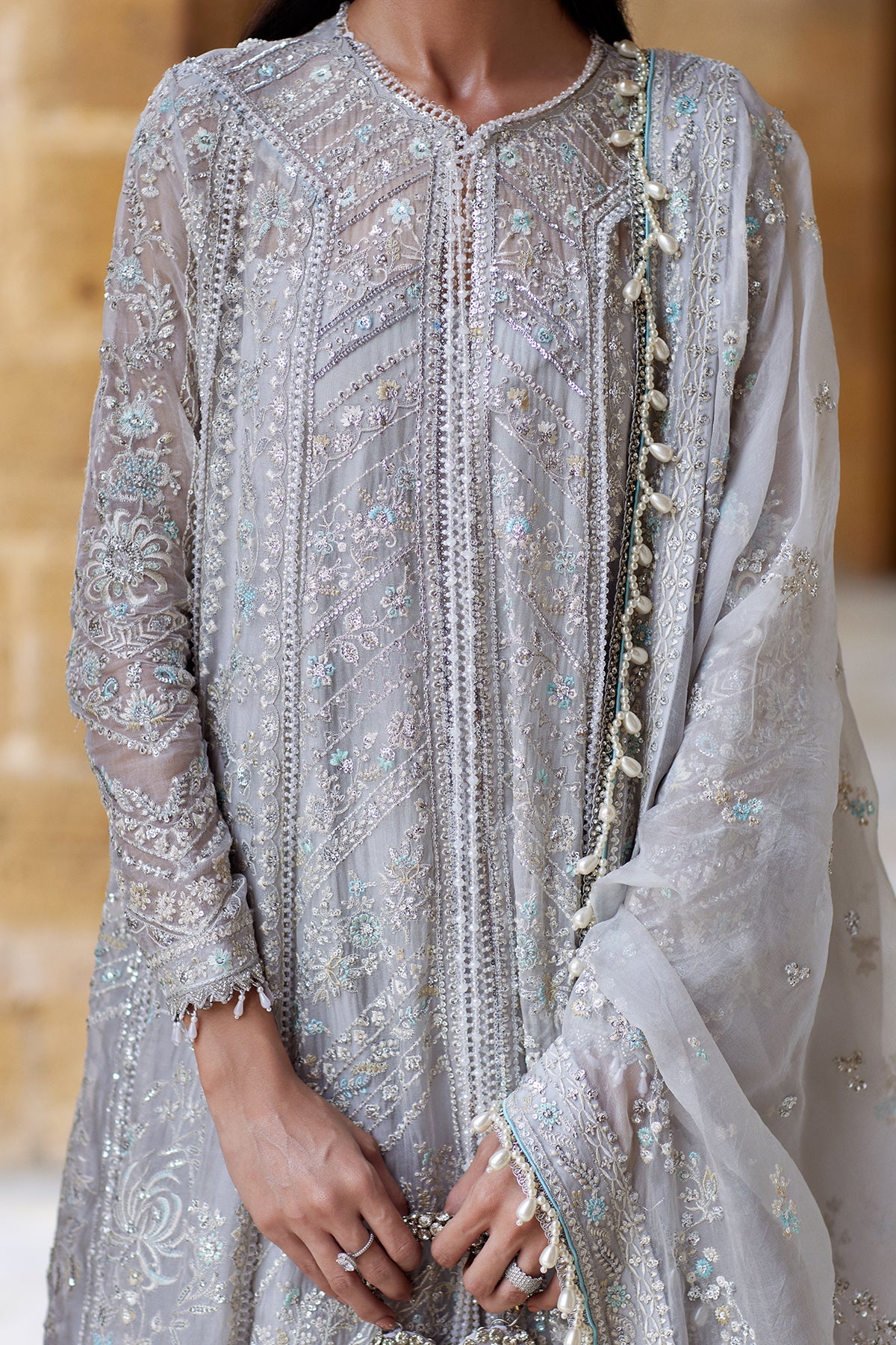 Qissa by Afrozeh – Pakistani wedding guest white formal