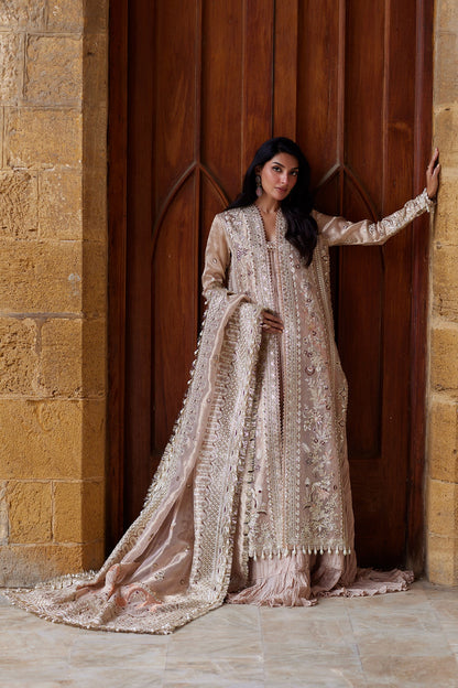 Afrozeh Rang-e-Dastaan blush zari gold embroidered shirt with raw silk trouser