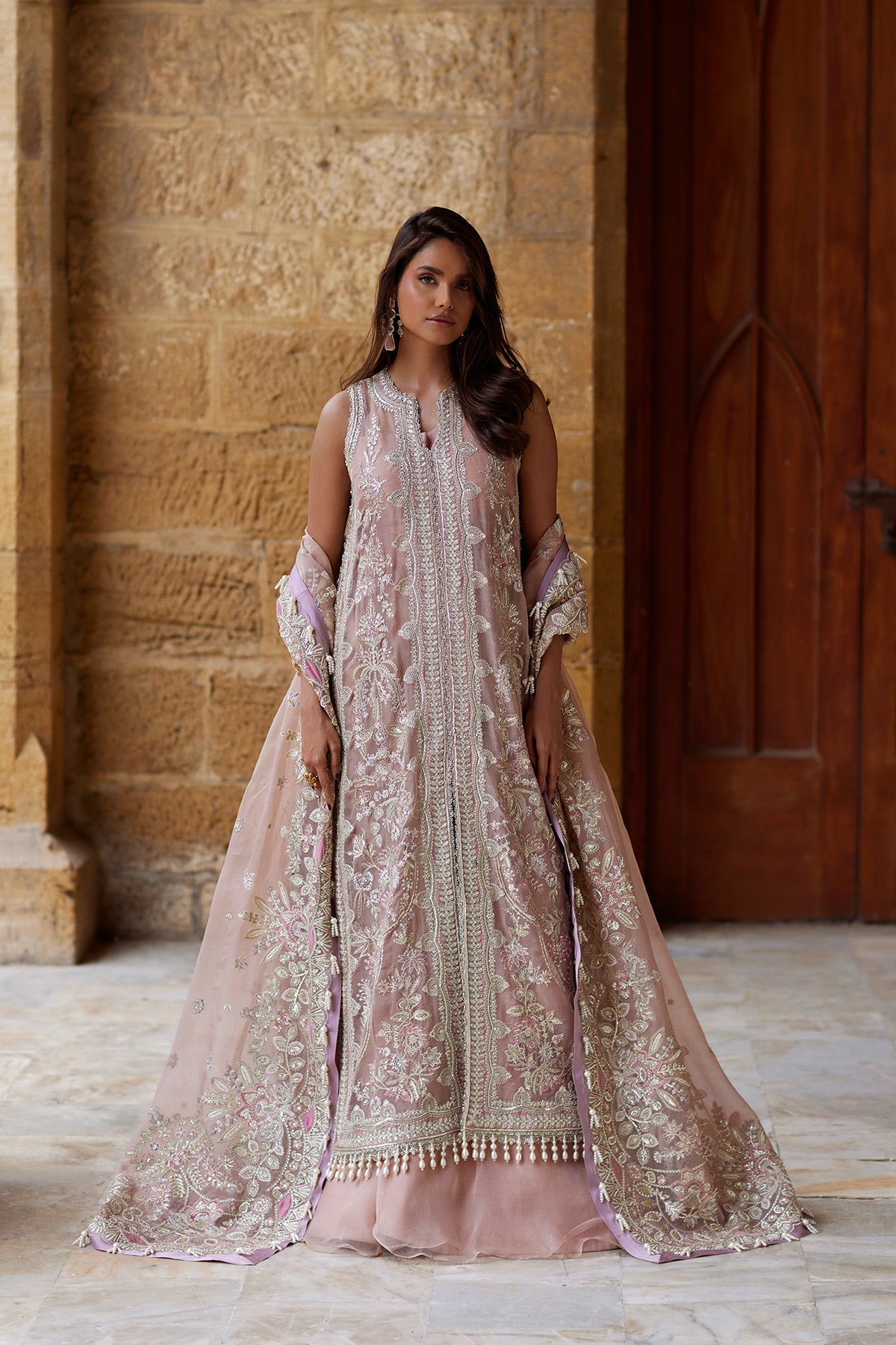 Afrozeh Dastaan-e-Noor blush pink embroidered organza shirt with sharara