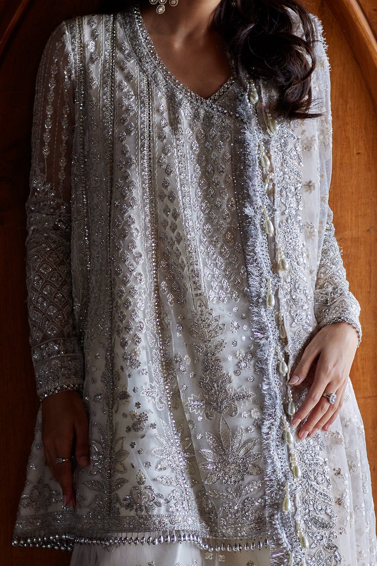 Afsun by Afrozeh – Pakistani wedding guest white sharara outfit
