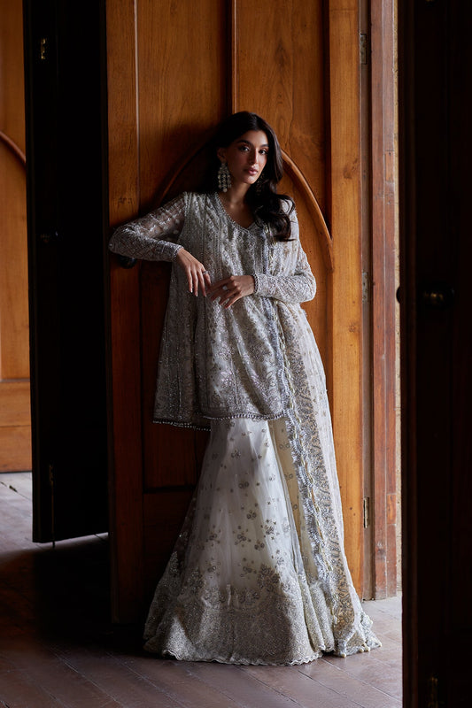 Afrozeh Afsun ivory-white embroidered net shirt with sharara