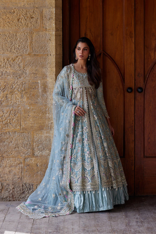 Afrozeh Lafz pastel blue embroidered net panelled shirt with trouser